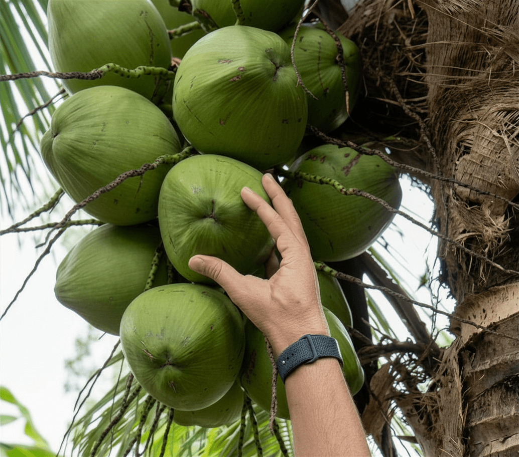 A hand reaching up to a heavy cluster of green coconuts on a dwarf palm